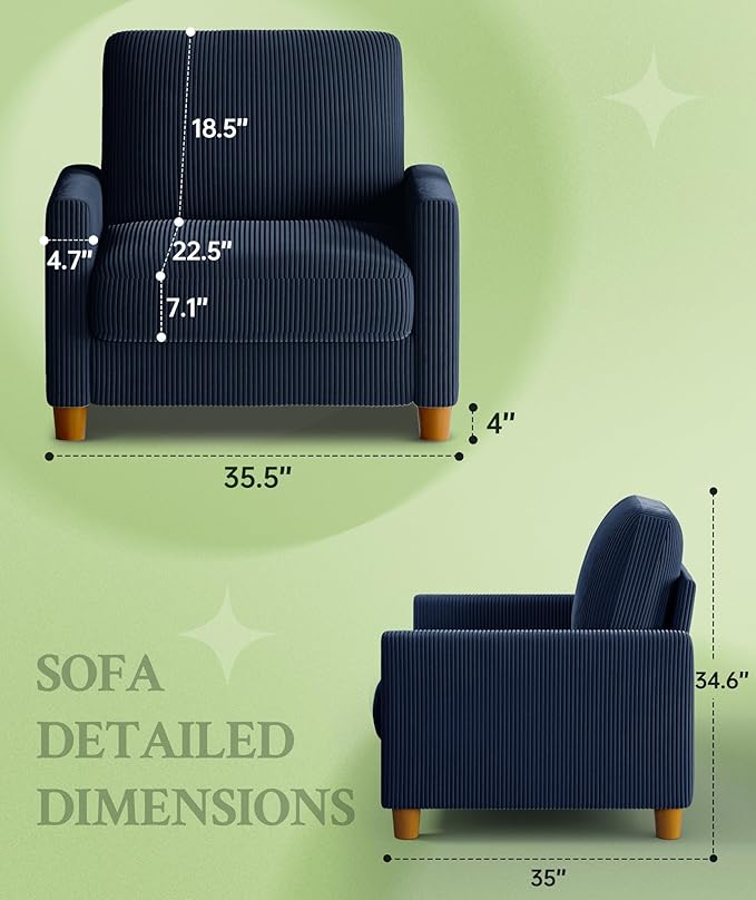 Welzona 35.3" Couches for Living Room, Comfy Blue Couch Single with 22.5" Deeper Seat, Accent Chair Tool-Free Setup, Reading Chair 440lbs Support, Corduroy Couch for Bedroom, Apartment, Office