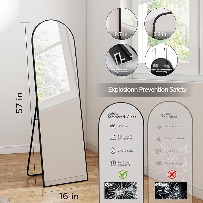 57x16 Door Hanging Full Length Mirror, Floor Stand (Height 5.7ft just Body in1.3ft) / Wall Mounted Metal Frame Arch Dressing Mirrors for Bedroom Living Room 57 inch Black