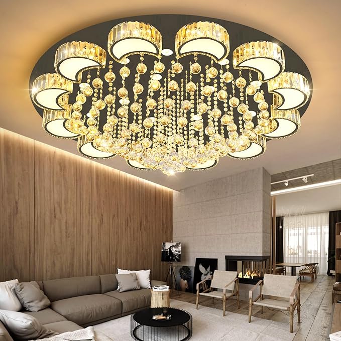 47'' Black Modern Crystal Chandeliers for Dining Room LED Dimmable Light Fixtures Flush Mount Light Living Room Bedrooms