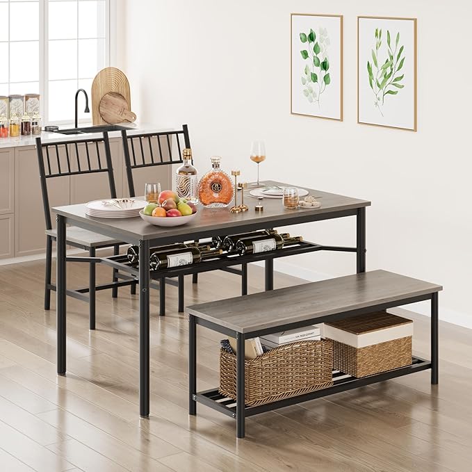 Dining Table Set for 4, Kitchen Table and Chairs for 4 with Wine Rack, Rectangular Dining Room Table Set with Bench, 4 Piece Dining Table Set for Small Space, Apartment, Retro Gray