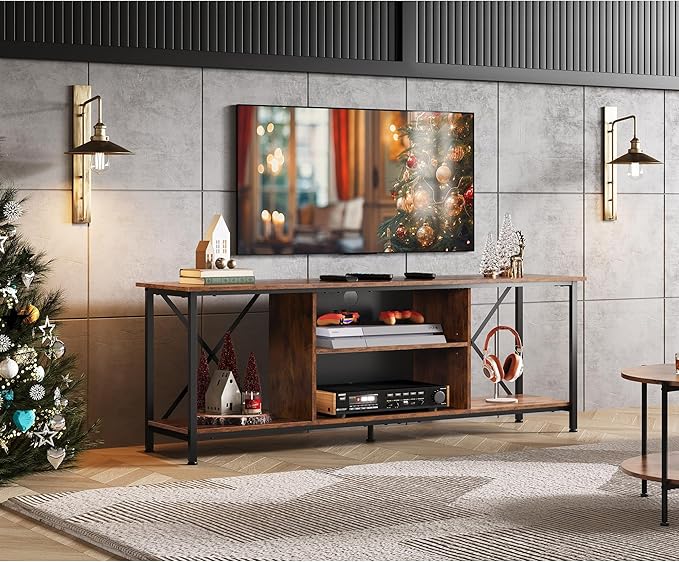 WLIVE Industrial TV Stand for Up to 65 inch TV, Heavy-Duty Metal Frame Entertainment Center with Adjustable Shelves & Cable Management, Media TV Console for Living Room Bedroom, Rustic Brown
