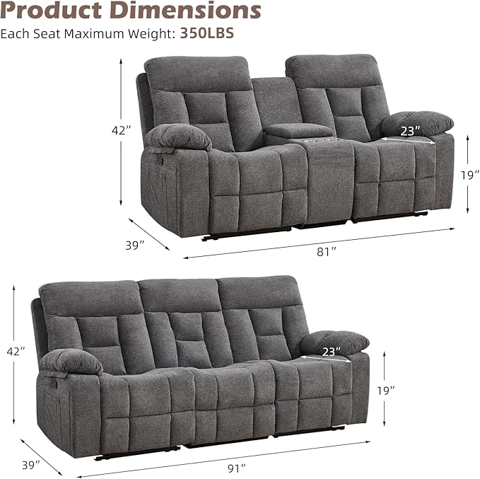 CANMOV Recliner Sofa Set, 3 Seat Recliner Sofa and Manual Loveseat with Overstuffed Armrest, Storage Console,Hidden Cup Holders, for Living Room,Grey