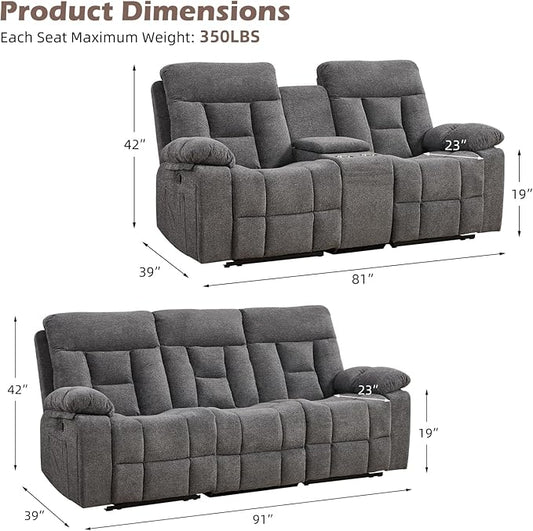 CANMOV Recliner Sofa Set, 3 Seat Recliner Sofa and Manual Loveseat with Overstuffed Armrest, Storage Console,Hidden Cup Holders, for Living Room,Grey