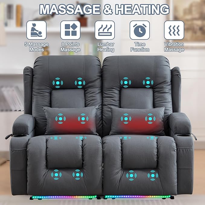 TUNYI Wall Hugger Loveseat Recliner Sofa with Console, Power Reclining Loveseat RV Couch with Massage & Heat/USB/Outlet/Storage/LED Light/Speaker (Blue, Loveseat)