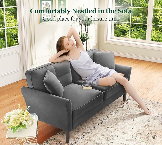 Loveseat Sofa, 69" Love Seat Couches, Comfy Velvet Small Couches for Small Spaces with 2 Pillows, Tool-Free Setup Sofas & Couches, 700lb Load Sofas for Living Room, Mini Couch for Bedroom, Charcoal