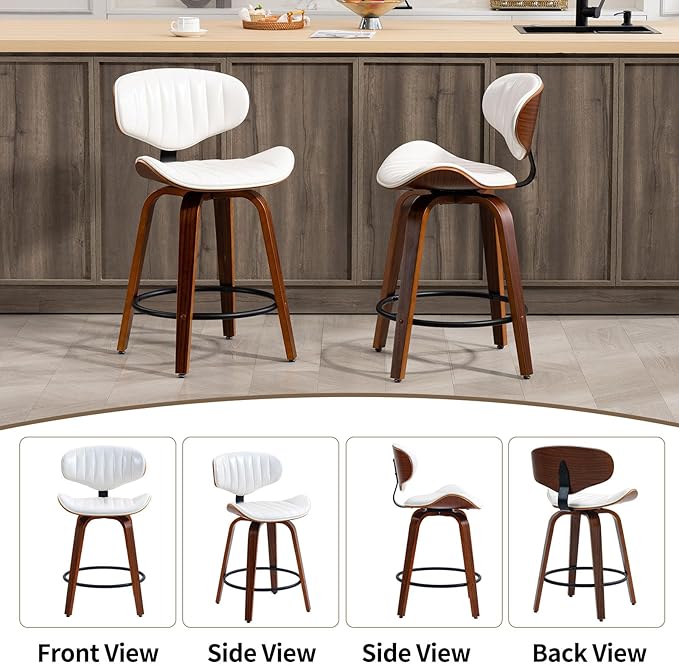 Counter Height Bar Stools Set of 2, 24 inch PU Leather Wooden Bentwood Barstools Swivel Modern Breakfast Bar Chairs with Backrest and Footrest for Kitchen Island, Dining Room D035-White-2