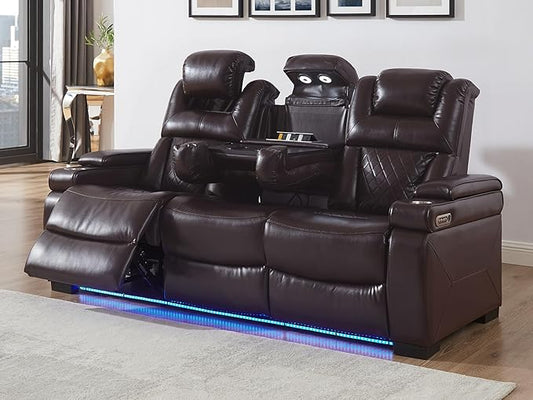 THSUPER Power Breathable Leather Reclining Sofa with 7-Color LED Light, Living Room Recliner Couch with Adjustable Headrest/Reading Light/USB Port/Storage Arm/Drop Down Table for Living Room, Brown