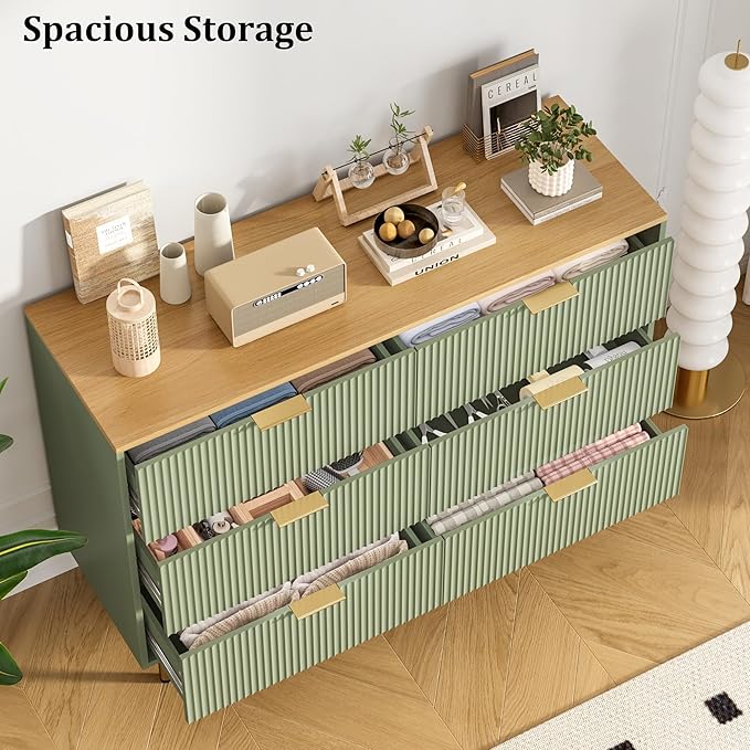GAOMON 6 Drawer Dresser for Bedroom Chest of Drawers, 47" Wide Fluted Dresser with Drawers, Modern Wooden Double Dressers with Metal Handles for Living Room, Hallway