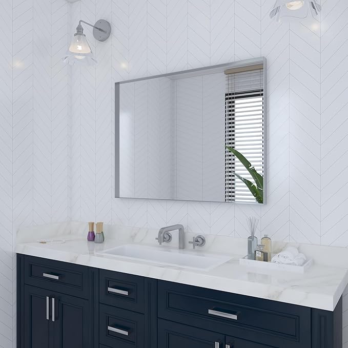 VocalStar Silver Bathroom Mirror for Wall, 30 x 40 Inch Square Corner Rectangle Nickel Metal Framed Modern Bathroom Vanity Mirrors, 1/4-inch Shatterproof Glass | Ultra-Flush Hanging