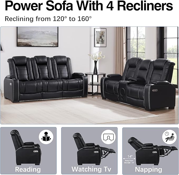 THSUPER Black Leather Power Recliner Sofa Loveseat Sets with Arm Storage and Power Headrest, Leather Living Room Reclining Sofa and Loveseat Set with Cup Holders and Bluetooth Speaker. | Breathable material, LED ambient light, Reading light, Hidden out...
