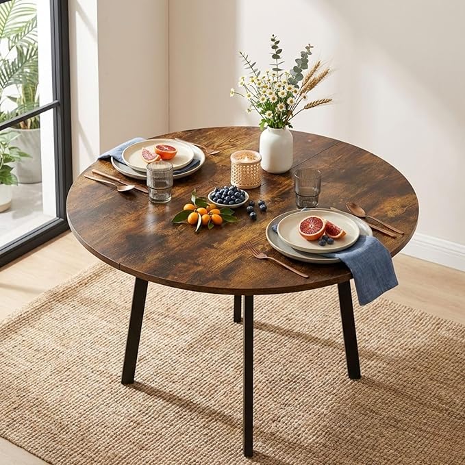 Karl home 35.4in Small Dining Table, Round Dining Table with Wood Finish Steel Legs, Circle Dinner Tables for Small Space, Apartment, Office, Kitchen, for 2 to 4 Person-Rustic Brown