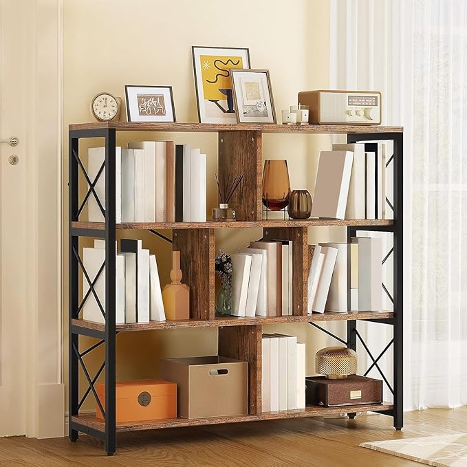 YITAHOME 4 Tier Bookshelf, Free Standing Cube Bookcases and Bookshelves, Industrial Furniture Wide Display Cabinet Open Storage Book Shelf for Living Room Bedroom Home Office, Rustic Brown