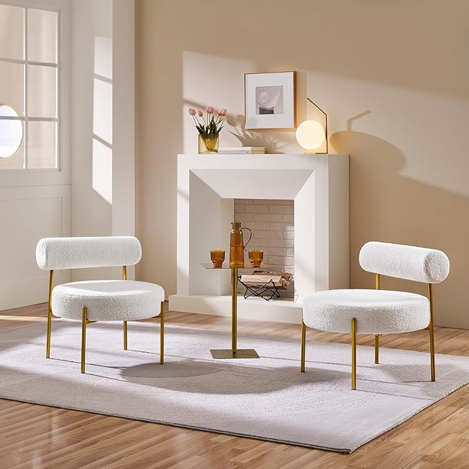 Yaheetech Boucle Accent Chair, Modern Tufted Vanity Chair, Cozy Sherpa Barrel Chair with Gold Legs, Club Chair for Living Room Bedroom Vanity Room Home Office, White