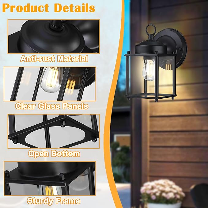 Outdoor Wall Lantern, Exterior Waterproof Wall Sconce Light Fixtures, Black Front Porch Lights with Clear Glass, Anti-Rust Metal Outside Lighting Fixture for House Doorway Garage, 2-Pack