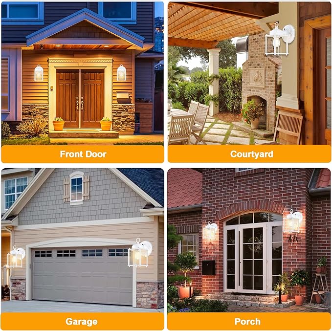 Dusk to Dawn Outdoor Wall Lantern, Exterior Waterproof Sconces Lighting Wall Mount, Front Porch Light, Anti-Rust Metal Outside Light Fixtures with Clear Glass, Matte White, 2-Pack