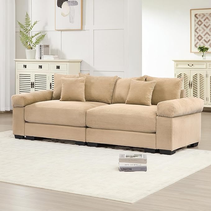 KEIKI 83" Oversized Corduroy Modular Sectional Loveseat Sofa with High-Density Foam Cushions, Extra-Thick Armrest, Upholstered Modern 2-Seater Fluffy Corner Couch with 6 Pillow, for Living Room, Camel