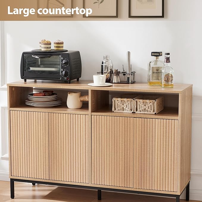 46.4" Fluted Sideboard Buffet Cabinet with Storage, Coffee Bar Console Cabinet with 4 Doors and Adjustable Shelves, Modern Wood Credenza for Kitchen, Living Room, Entryway, Natural