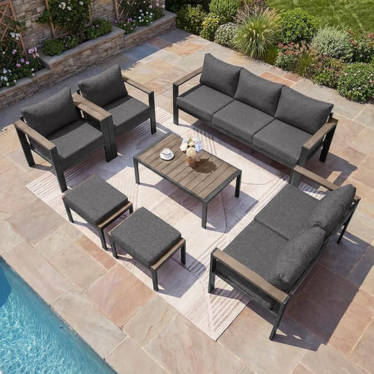 Outdoor Patio Furniture Set 7 Pieces Luxury Aluminum Patio Conversation Set with Coffee Table and 2 Ottoman 9 Seats, Thick Cushions, Large Sectional Sofa for Porch, Balcony, Deck, Dark Gray