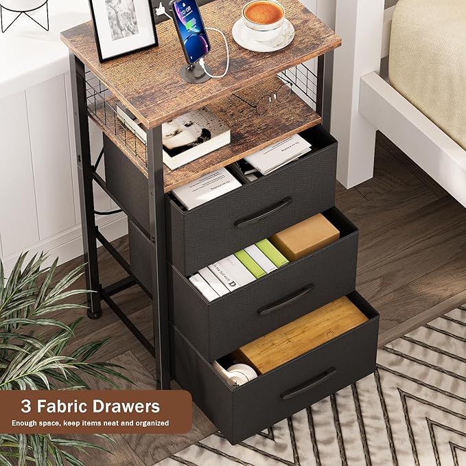 Night Stand Set 2 with Charging Station, End Table Set of 2 with 20 Colors LED Light Strip, 3 Fabric Drawers, Bedside Table with USB Ports and Outlets for Bedroom (Rustic Brown)