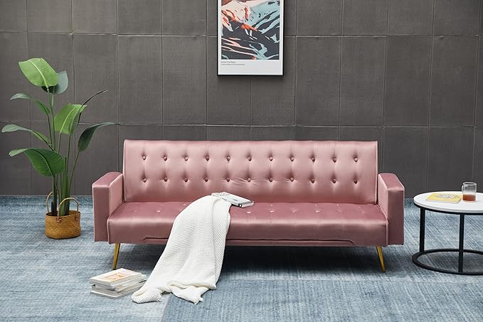 Eafurn Convertible Futon Sofa Bed, 75″Velvet Fabric Futons Loveseat Couch with Adjustable Backrest, Folding Sleeper Recliner Daybed for Living Room Furniture | Golden Legs, Wood Frame