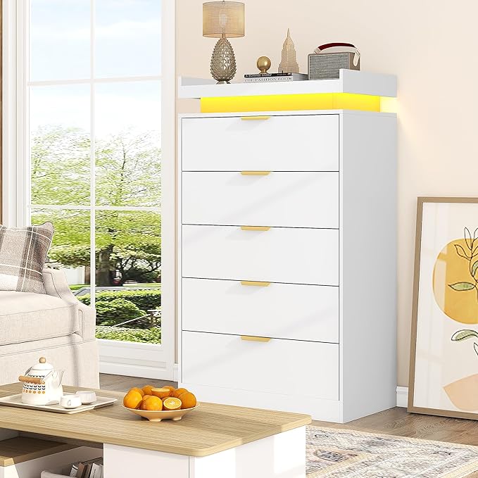 Tall Dresser for Bedroom, White Dresser with LED Lights, Wood 5 Drawer Chest with Power Outlet, Modern Chest of Drawers for Bedroom, Entryway, Hallway
