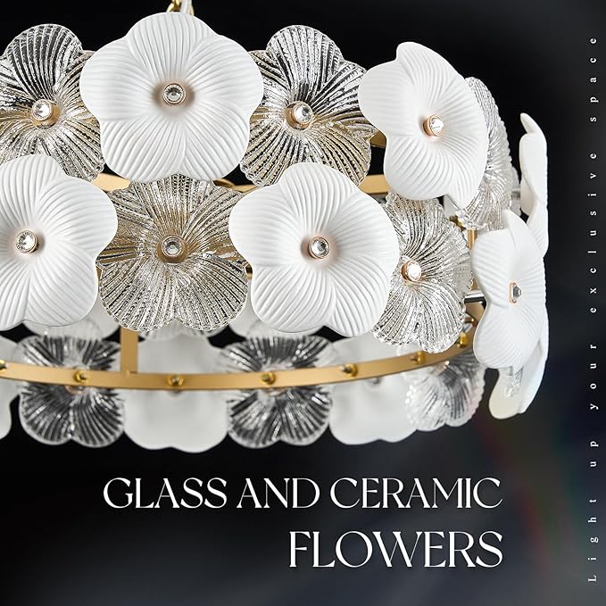 Flower Elegant Glass Chandeliers 4-Lights Modern Gold 14" Pendant Light Fixture for Kitchen Island Dining Room Bedroom Entryway Hallway, G9