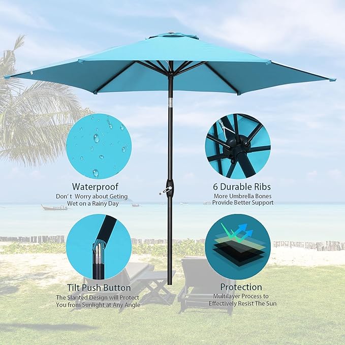 HYD-Parts 9FT Patio Umbrella Outdoor Table Umbrella,Market Umbrella with Push Button Tilt and Crank for Garden, Lawn, Deck, Backyard & Pool, with a Base (Blue)