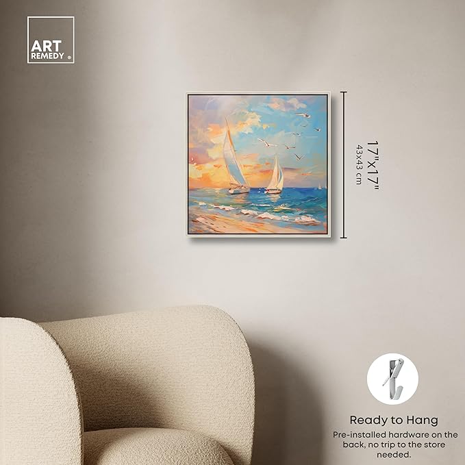 Art Remedy Sailboats In The Sunset Chic Coastal Canvas Wall Art, Silver Floater Frame, 16"x16"