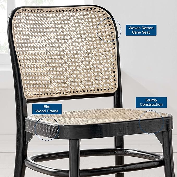 Modway Winona Elm Wood Cane Rattan Seat, Dining Side Chair, Black