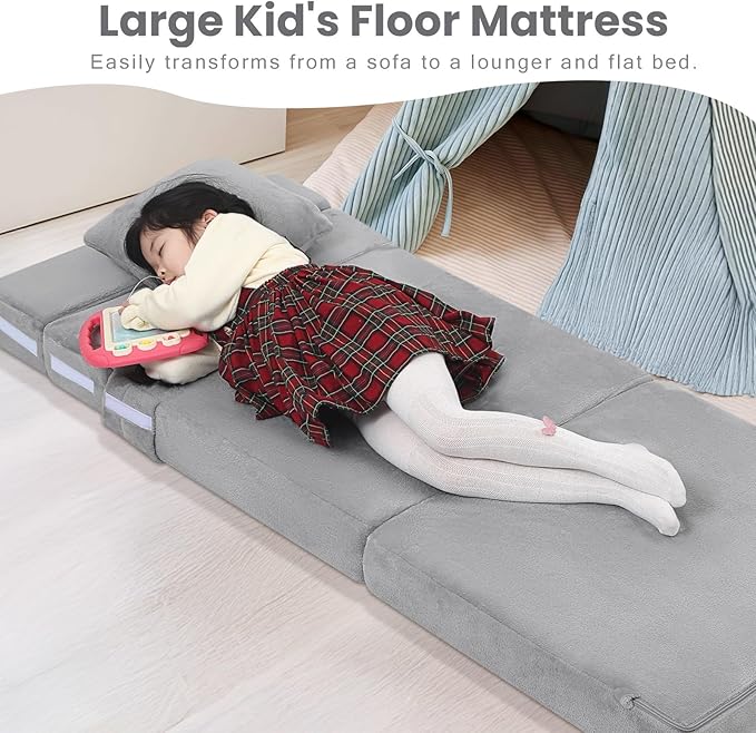 MeMoreCool Foldable Futon Chair Bed for Kids, Grey Tri-fold Convertible Toddler Sofa Mattress, Foam Floor Couch for Sitting