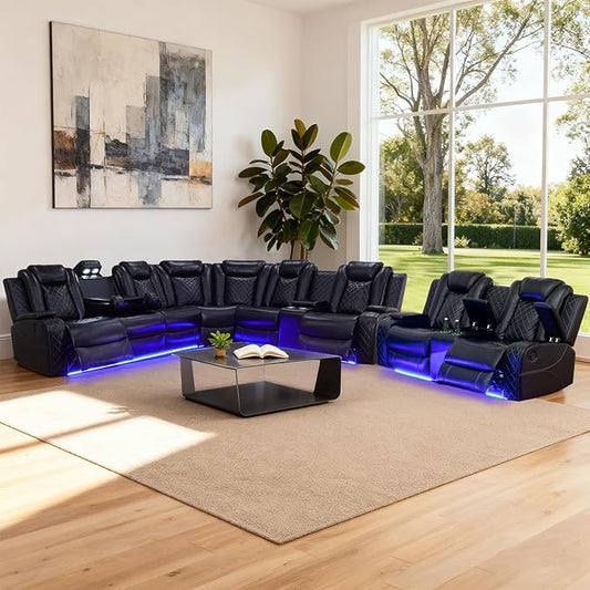Leather Power Recliner Sectional Sofa Set with LED Light,L Shape Leather Couch Set with Recline Loveseat,Modular Corner Sofa with USB Port for Living Room Furniture(Black, Sectional+Loveseat)