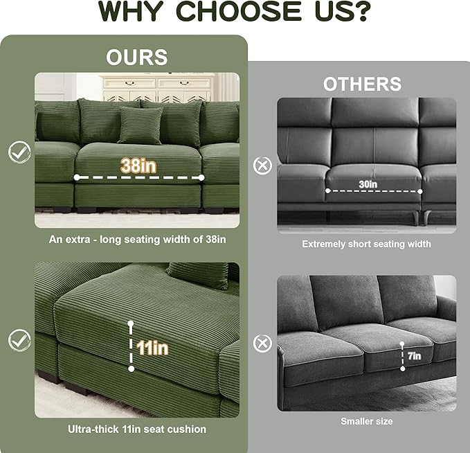 KEIKI 79" L-Shaped Oversized Corduroy Modular Cloud Sectional Sofa with 1 Ottoman, High-Density Foam Cushion, Extra-Thick Armrest, 3-Seater Fluffy Corner Couch with 10 Pillow, for Living Room, Green