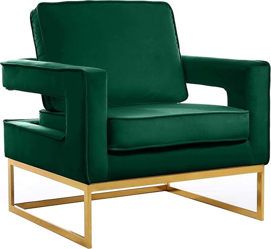 Meridian Furniture Noah Collection Modern | Contemporary Velvet Upholstered Accent Chair with Durable Stainless Steel Base, Green, Gold Base