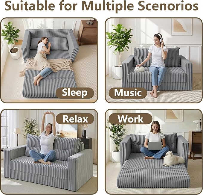 HABUTWAY Folding Sofa Bed, 2 in 1 Convertible Sleeper Chair with Pillow, Portable Fold Out Chair Bed with Armrest, Comfy Floor Couch, Lazy Sofa for Living Room Bedroom Dorm Home Office, Light Grey