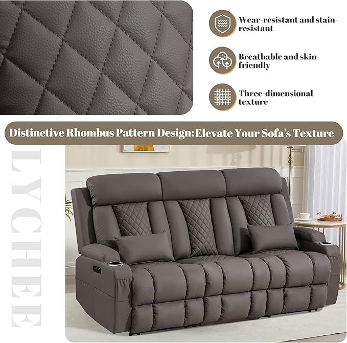 Zero Wall Hugger Power Reclining Sofa with Adjustable Headrest, Electric Reclining Couch with Drop-Down Table,Outlets, Power Loveseat Recliner Sofa for Living Room (PU Brown, 3 Seat) | Cat-Proof Leather