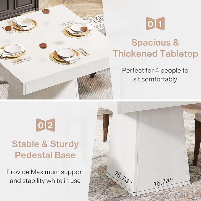 Tribesigns Square Dining Table for 4, 31.5-Inch Small Kitchen Table with Sturdy Pedestal Base, Farmhouse Dinner Table for Dining Room, Living Room, Kitchen, White