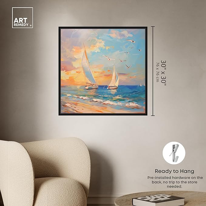 Art Remedy Sailboats In The Sunset Framed Sailing 1 Piece Canvas Wall Art, 31" x 31", Black Frame