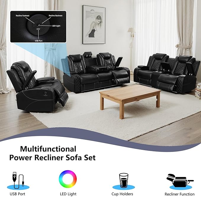 Power Recliner Sofa Set with LED, Air Leather Reclining Sofa Set, 3 Piece Living Room Set with USB Charging,Drop Down Table&Storage (Black Standard Version Total of 2 Cup Holders)