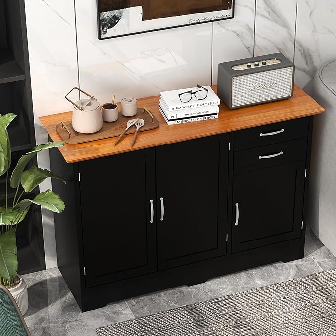 COSTWAY Buffet Cabinet with Storage, Farmhouse Sideboard Storage Cabinet with 3 Doors, 2 Drawers & Adjustable Shelf, Console Table, Coffee Bar Credenza Cabinet for Kitchen Cupboard Dining Room (Black)