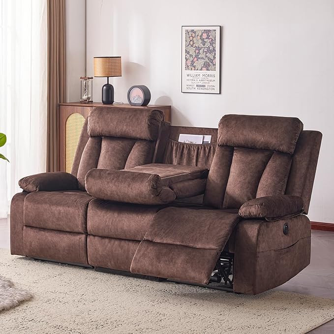 Power Reclining Sofa with Heat&Massage, Reclining Couch with Multi-Function Console/USB Ports/Type C, Wall Hugger 3 Seater-Sofa Recliner, Reclining Sofa Couch for Living Room