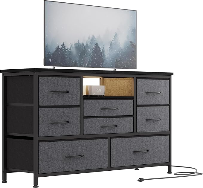 Jojoka 8-Drawer LED Dresser TV Stand with Power Outlet for 55'' TV - Wide Storage Chest for Bedroom, Living Room & Entryway, Wood Top Console Table with 22 Light Modes