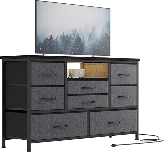 Jojoka 8-Drawer LED Dresser TV Stand with Power Outlet for 55'' TV - Wide Storage Chest for Bedroom, Living Room & Entryway, Wood Top Console Table with 22 Light Modes
