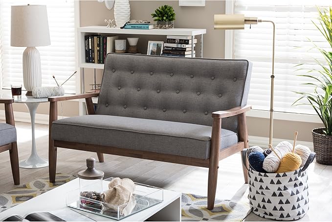 Baxton Studio Sorrento Mid-Century Retro Modern Grey Fabric Upholstered Wooden 2-Seater Loveseat