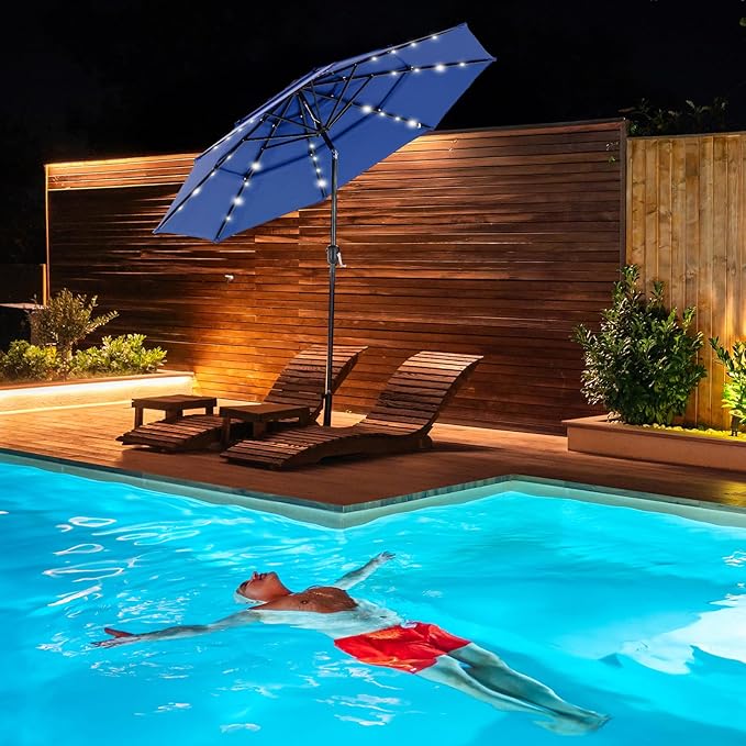 DUMOS 10FT 3 Tier Patio Umbrella with 32 LED Lights, 8 Ribs Outdoor Table Umbrella with Crank, Waterproof Market Umbrella for Pool, Beach, Terrace and Outdoor Restaurant, Navy Blue