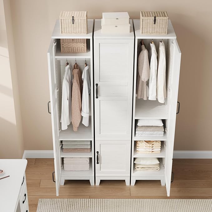 GarveeHome Armoire Wardrobe Closet with 2 Doors,72 in Wooden Wardrobe Cabinet with Hanging Rod, Narrow Tall Clothing Armoire Cabinet with 18 Adjustable Shelves for Bedroom, Clothes, Rustic White