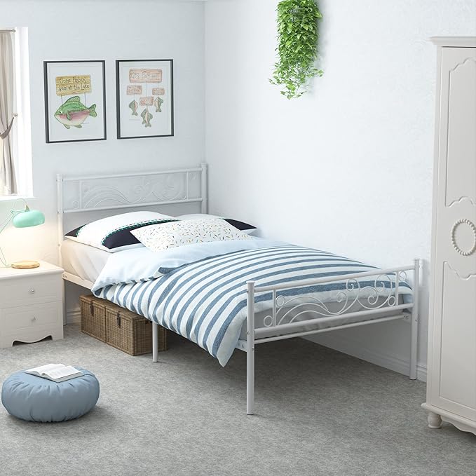 Weehom Twin Size Bed Frame with Headboard No Box Spring Needed Platform Single Bed for Kids, White
