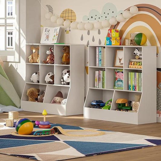 DINZI LVJ Toy Storage Organizer, Kids Bookshelf, Wood Toy Storage Cabinet, 3-Tier 8 Cubby Children Bookcase, 39.4" L Toddler Book Shelf for Playroom, Living Room, Nursery, Hallway, School, White