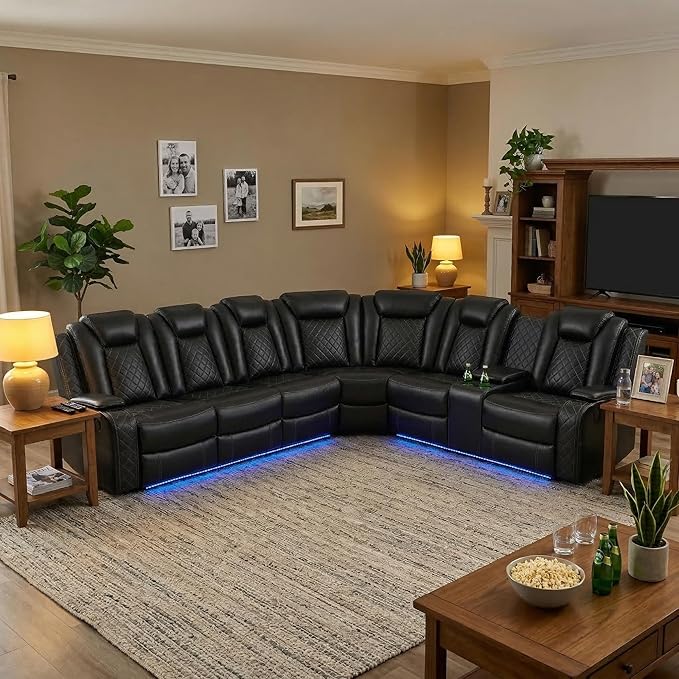 Power Reclining Curved Sectional Sofa for Living Room, Black Leather Home Theater Recliner Couch with LED Lights, Wireless Charging, Cup Holders & Storage Console