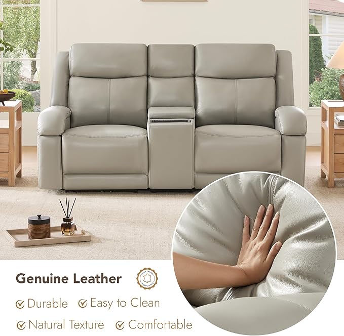 Watson & Whitely Genuine Leather Power Loveseat Recliner Sofa, Wall Hugger Loveseat Reclining Sofa with Storage Console, Power Headrest, Cup Holders, Dual Recliners for Living Room, RV, Grey