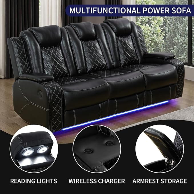 Power Recliner Sofa Set, Leather Reclining Sofa Sets with LED Lights, Living Room Furniture Set, Loveseat with Console Storage, Recliner Couch with USB Port (Sofa and Loveseat, Black)